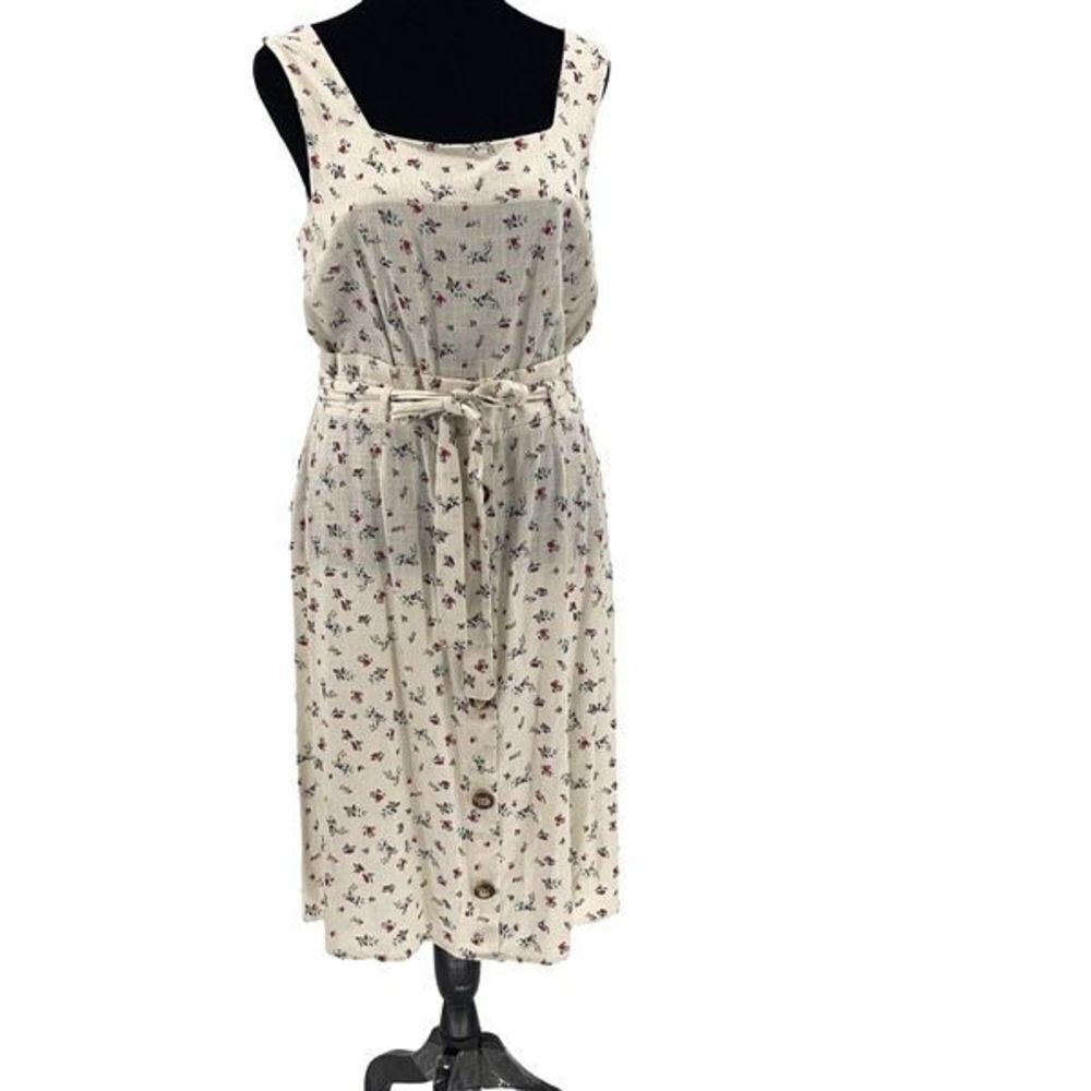 Monteau Womens Floral Square Neck Paperbag Linen Blend Dress Cream Large NWT